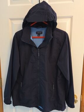 Lands' End Womens Dark Navy Hooded Rain Jacket Size L 14-16 Exc Cond